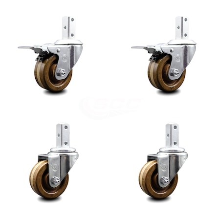 Service Caster 3 Inch High Temp Phenolic 3/4 Inch Square Stem Caster Set Total Lock Brake SCC SCC-SQTTL20S314-PHSHT-34-4